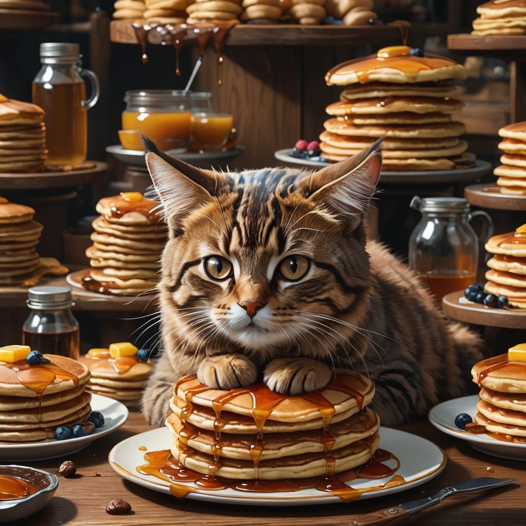 Cat Nap on Pancake Stack, Detailed Digital Art