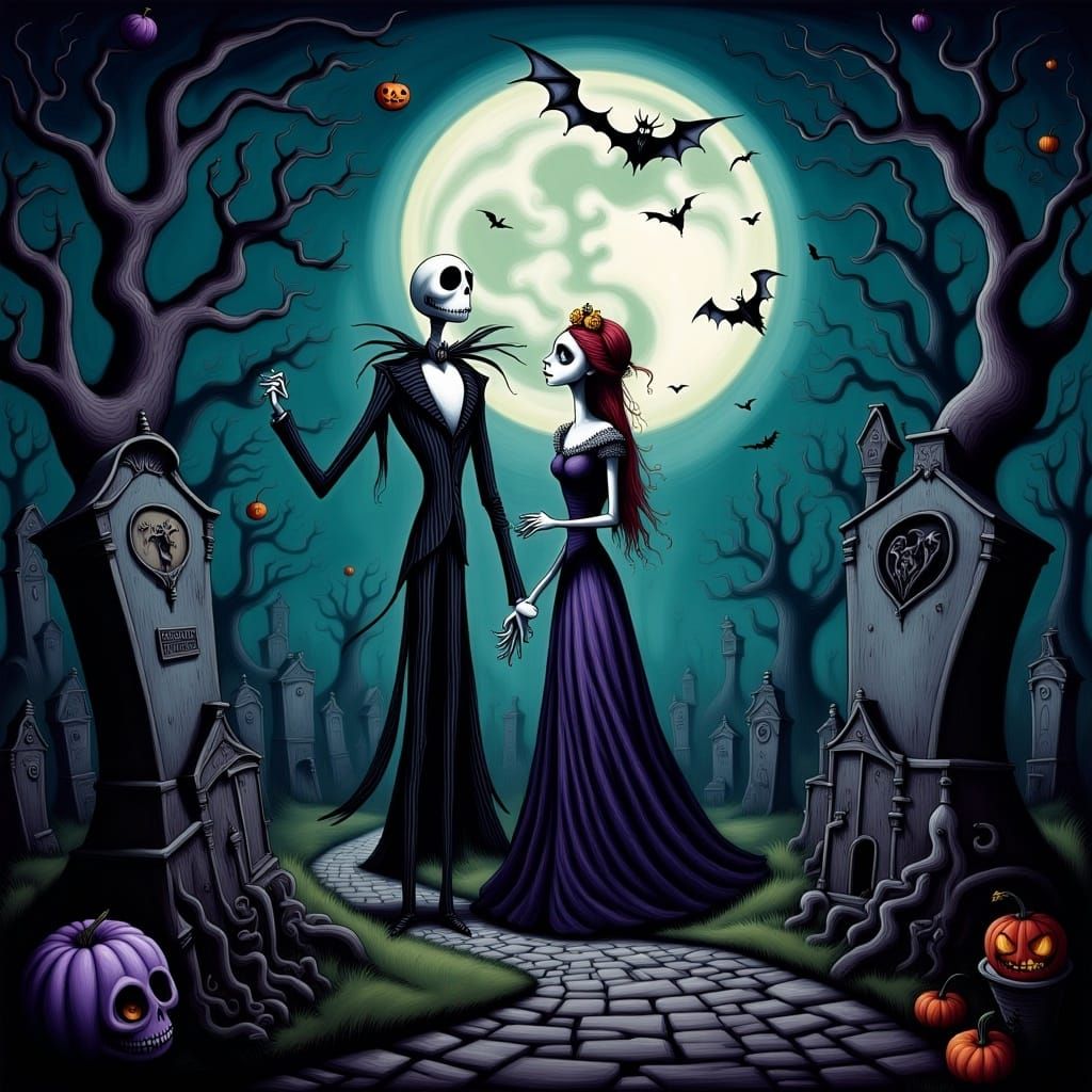 Jack and Sally in Spooky Graveyard, Burtonesque Illustration