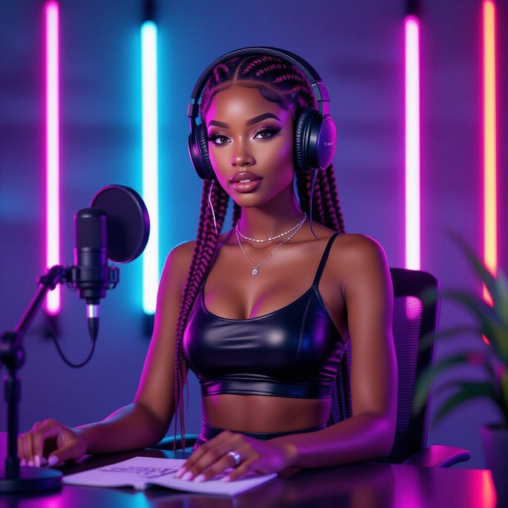 Elegant Black Woman Recording Podcast in Neon Studio