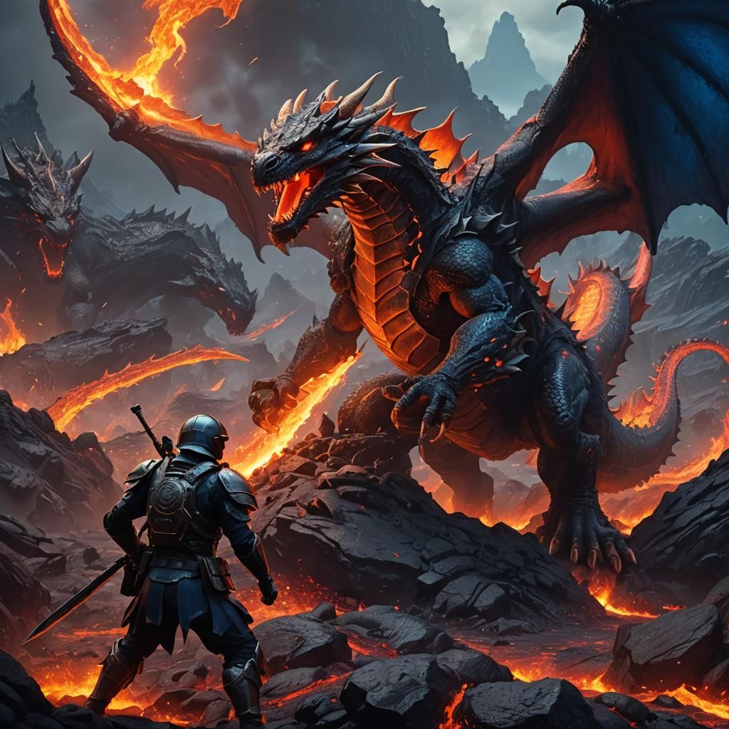 Epic Soldier vs Dragon Battle in Lava Landscape