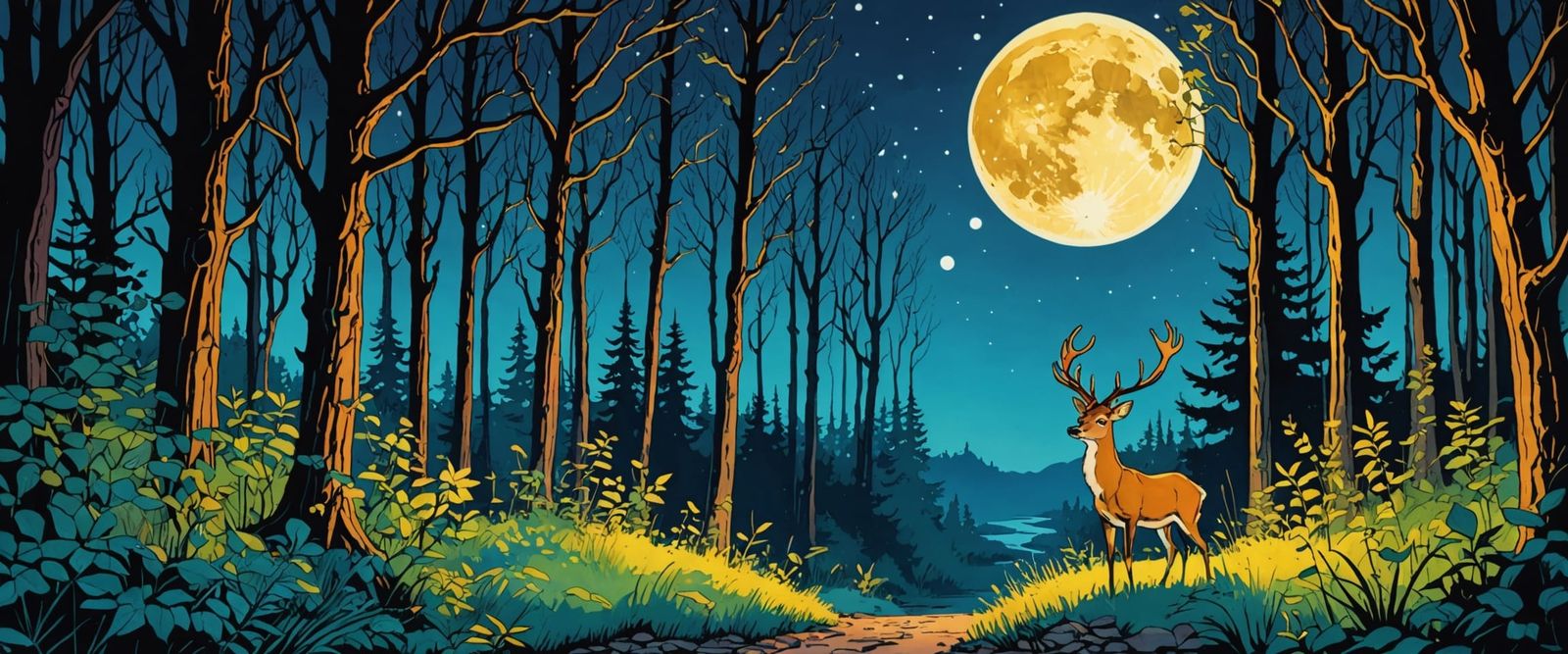 Night Forest Deer Under Moonlight, Illustrated Style