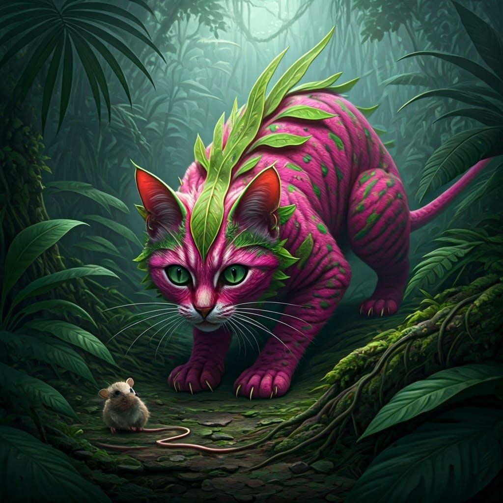 Tropical Dragon Fruit Cat in Lush Jungle Habitat