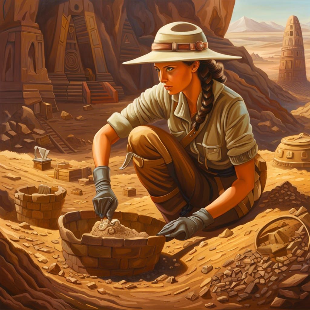 Archaeologist Excavating Ancient Alien City as Oil Painting