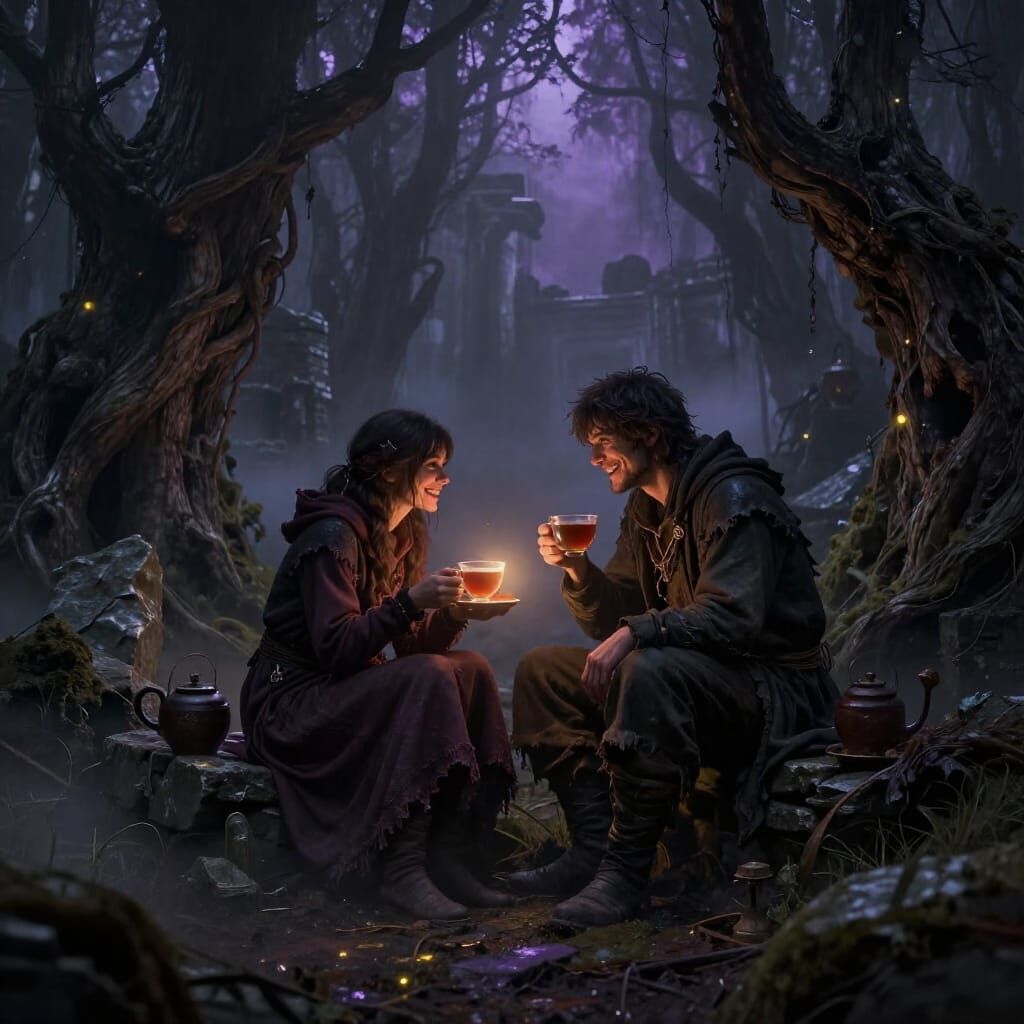 Dark Fantasy Forest Scene with Figures Sharing Tea