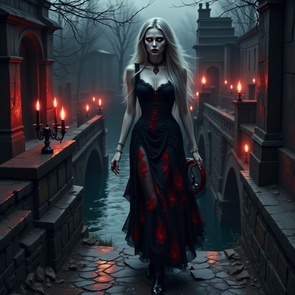 Gothic Vampire Woman by River in Fairytale Illustration Styl...