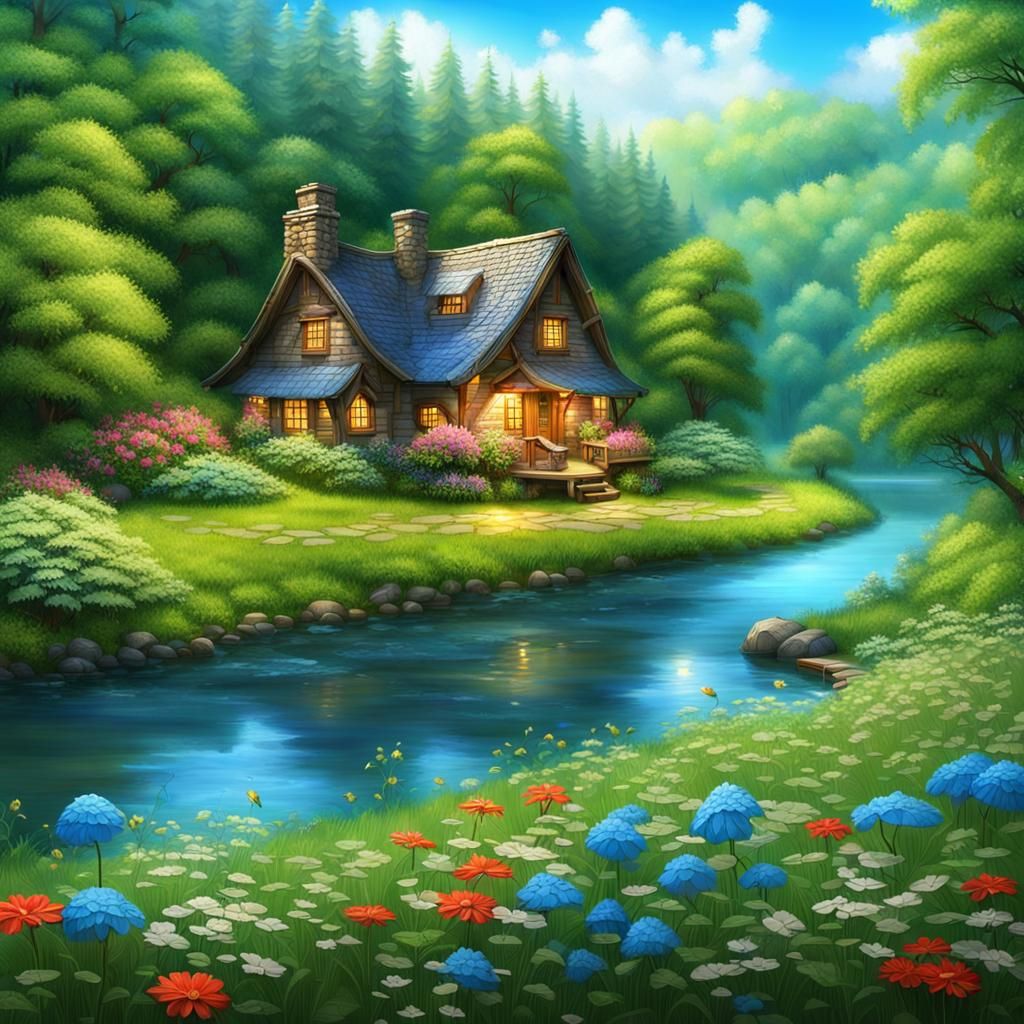 Fantasy Cottage by River in Tranquil Forest