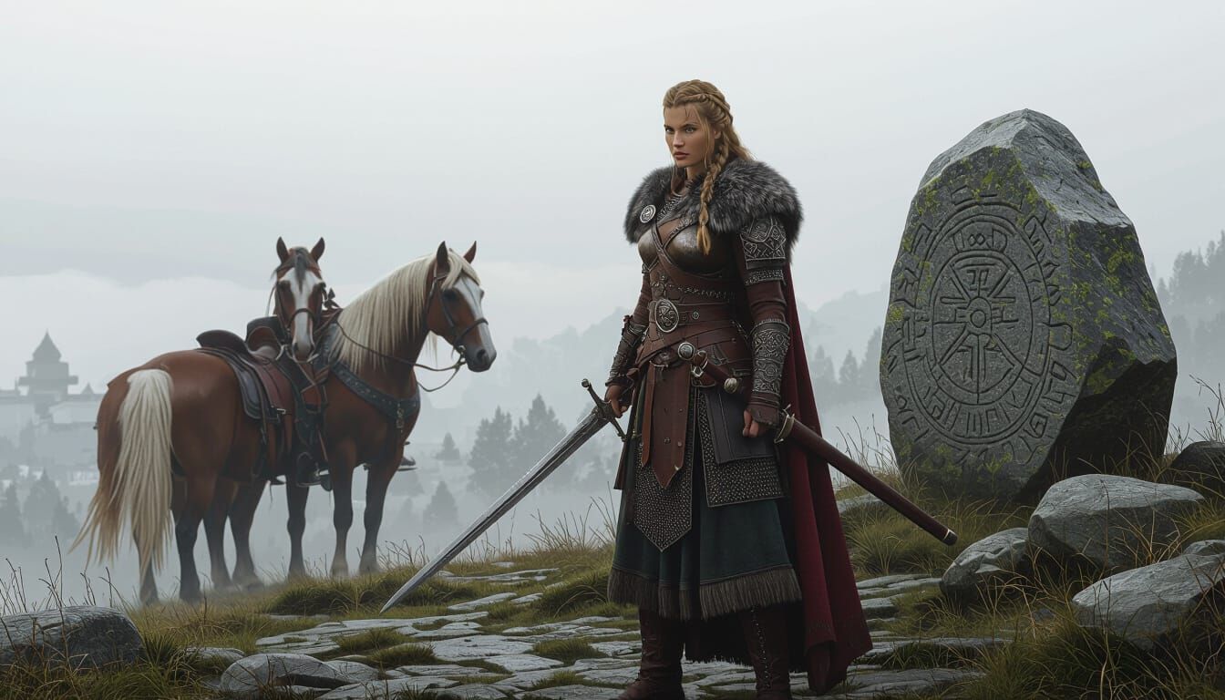 Viking Warrior Woman on Misty Terrace in Ethereal Style