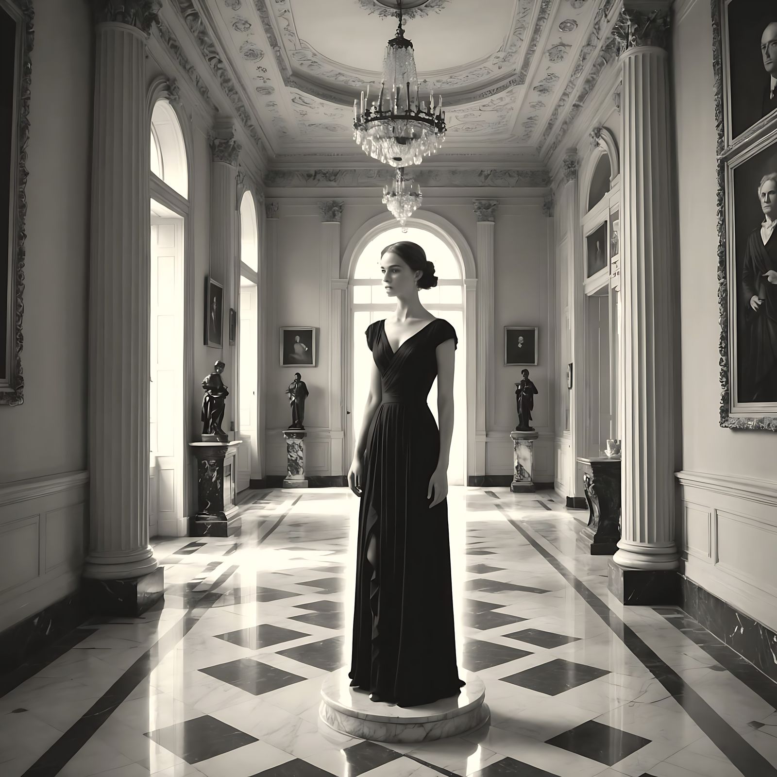 Hyperrealistic Gallery Interior in Grayscale