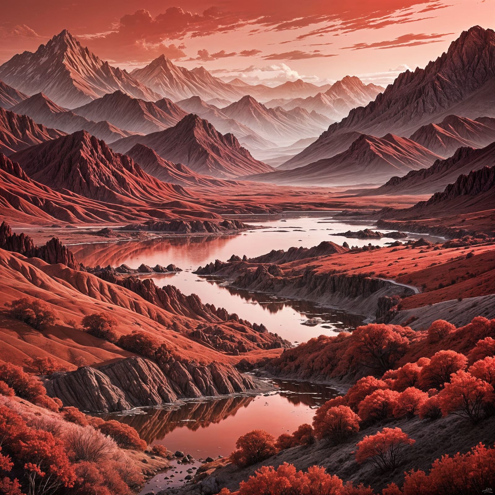 Monochromatic Red Landscape with Birds