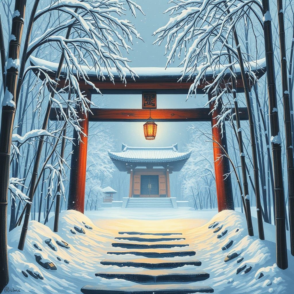 Winter Shinto Shrine in Bamboo Forest