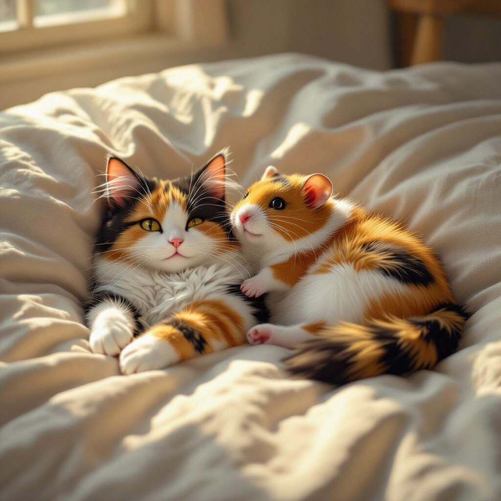 Fluffy Cat and Hamster Basking in Sunbeam