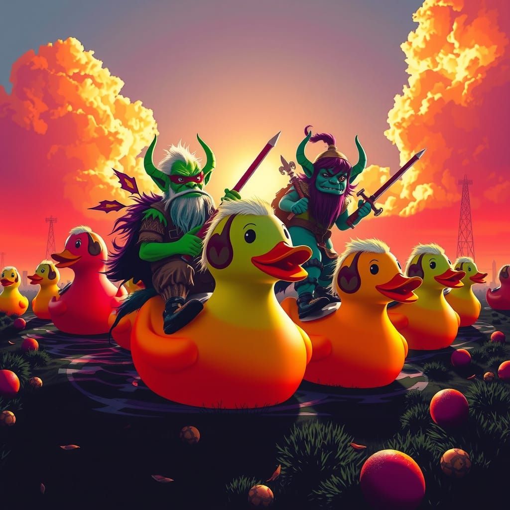 Vibrant Orcs Joust on Colorful Rubber Duckies in Whimsical F...