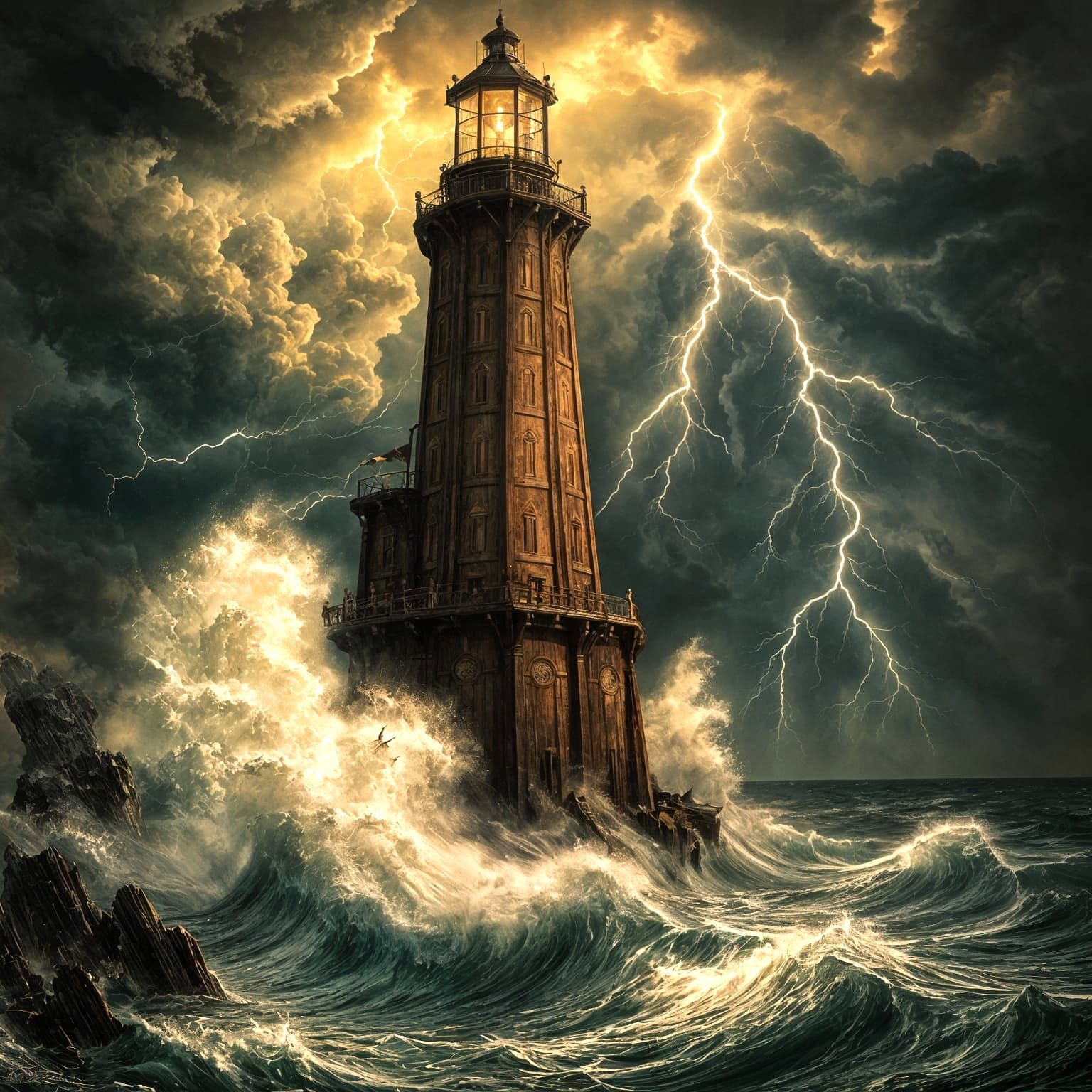 Lighthouse Stands Tall in Stormy Night