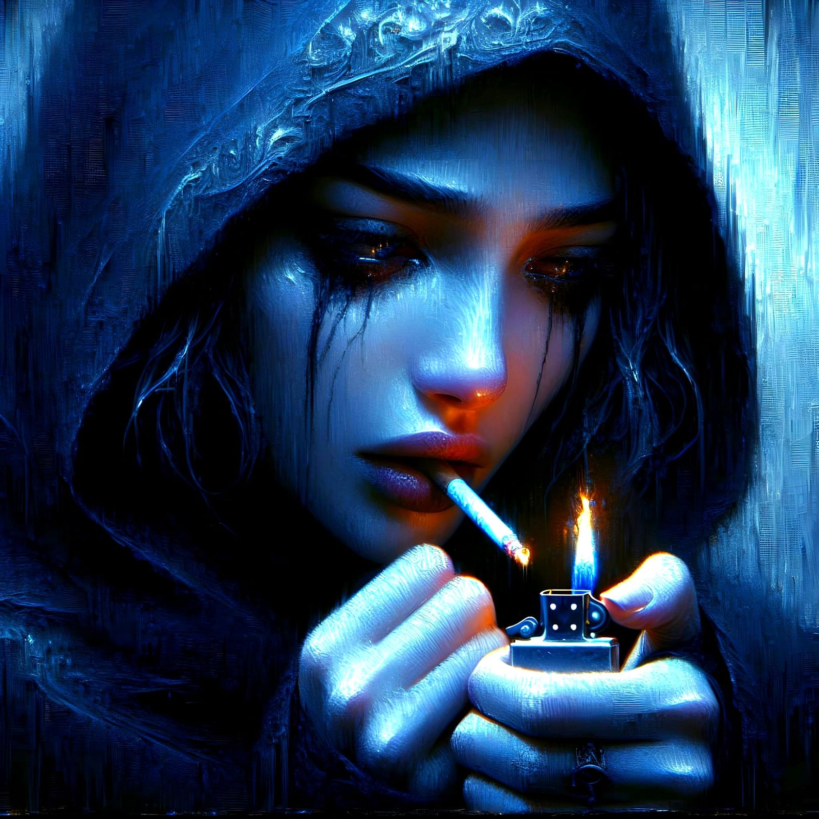 Sad Gothic Girl Lights Zippo, Impasto Portrait