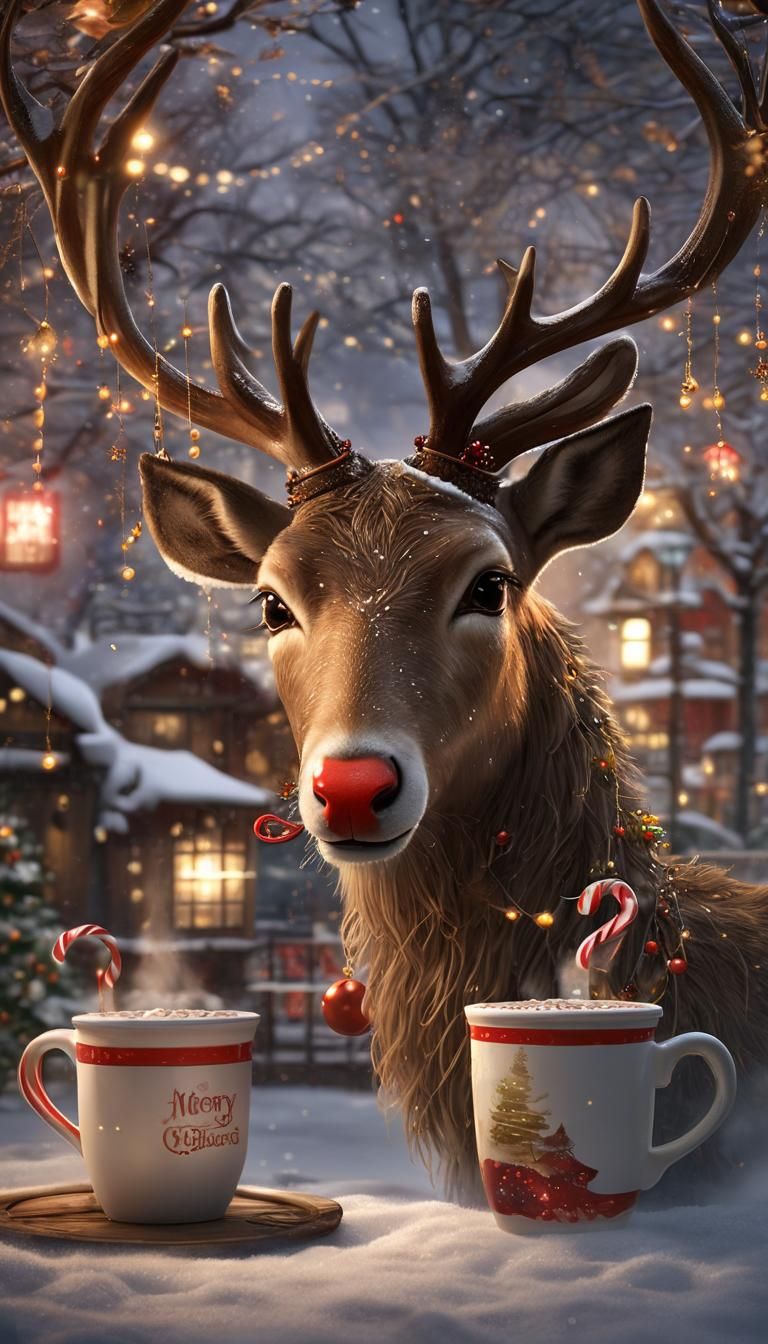 Whimsical Christmas Scene with Red Nose Reindeer Savoring Ho...