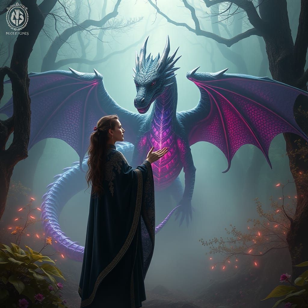 Woman and Dragon in Mystical Forest, Fantasy Art