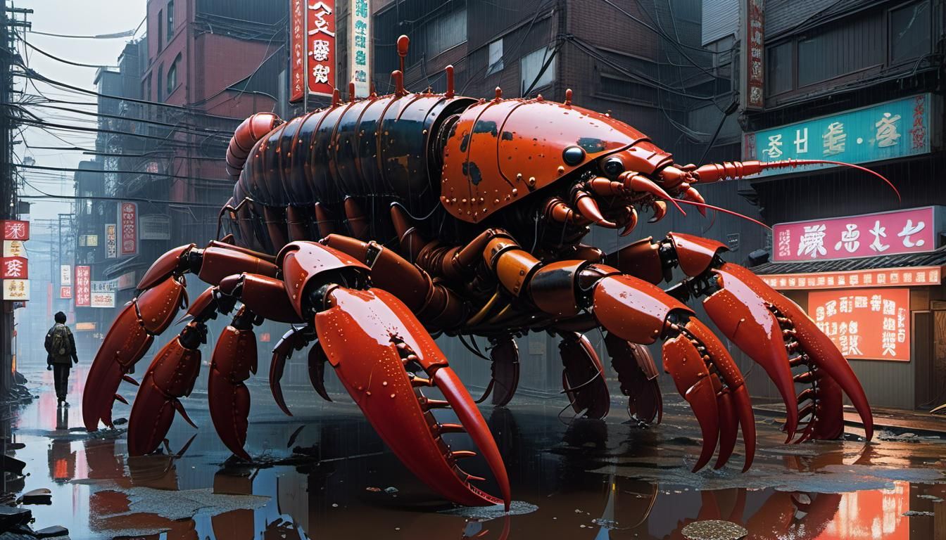 Colossal Mechanical Lobster Havoc in Post-Apocalyptic City