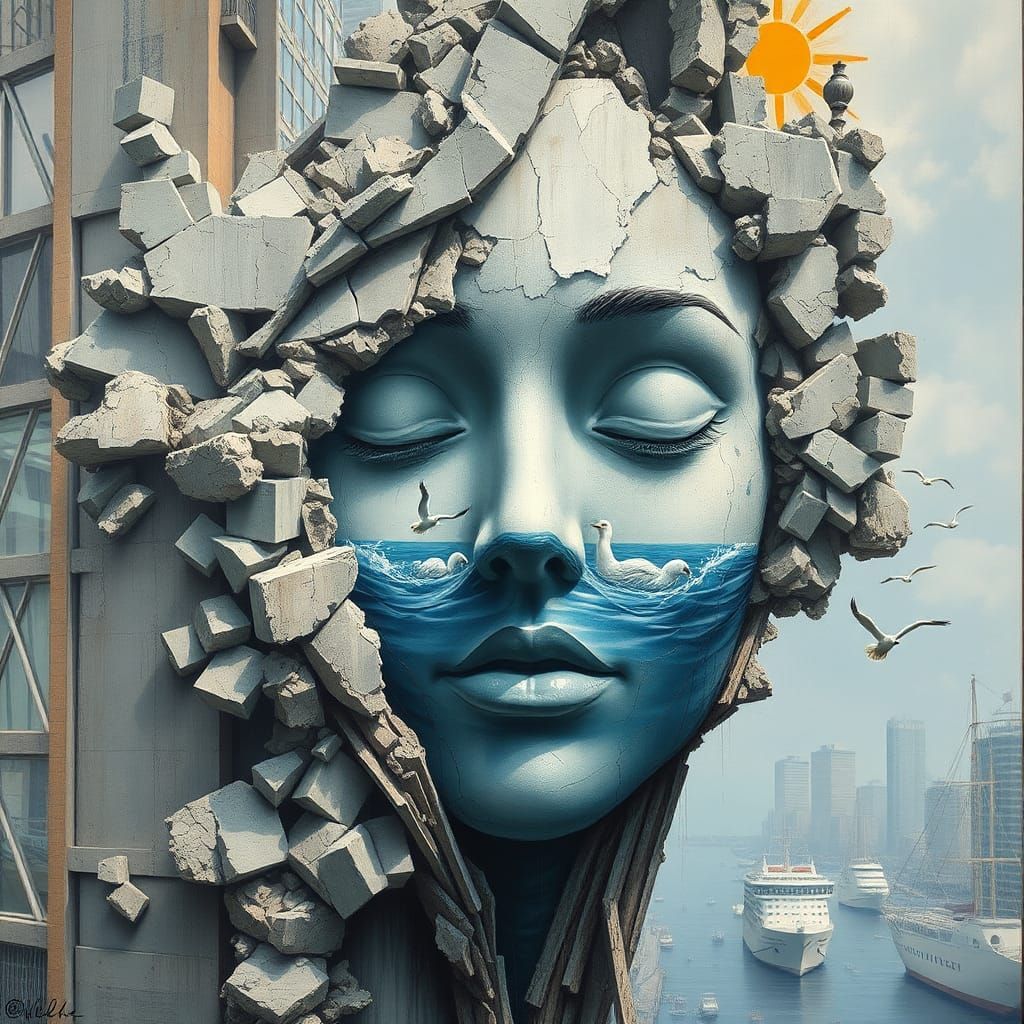 Dockside Skyscraper Reflects Serene Woman's Face