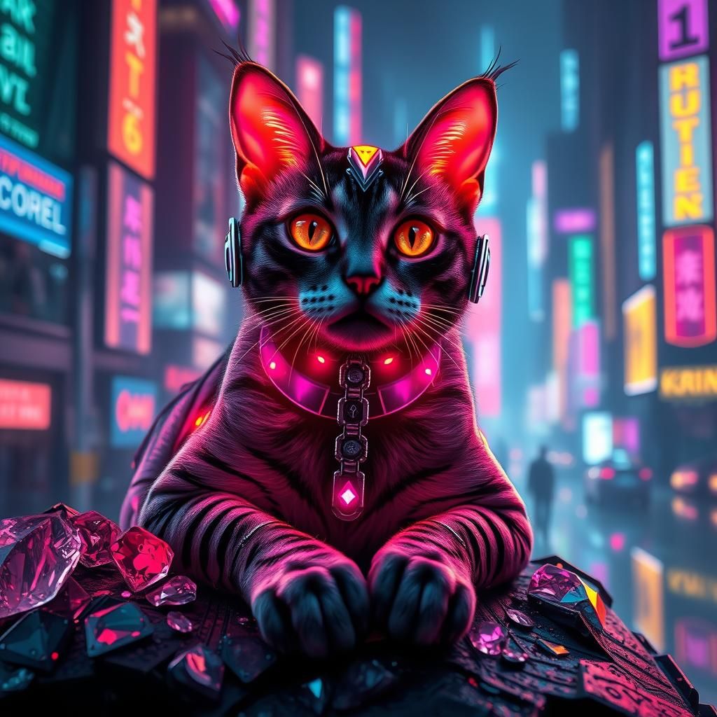 Cyberpunk Cat Queen in Neon Cityscape