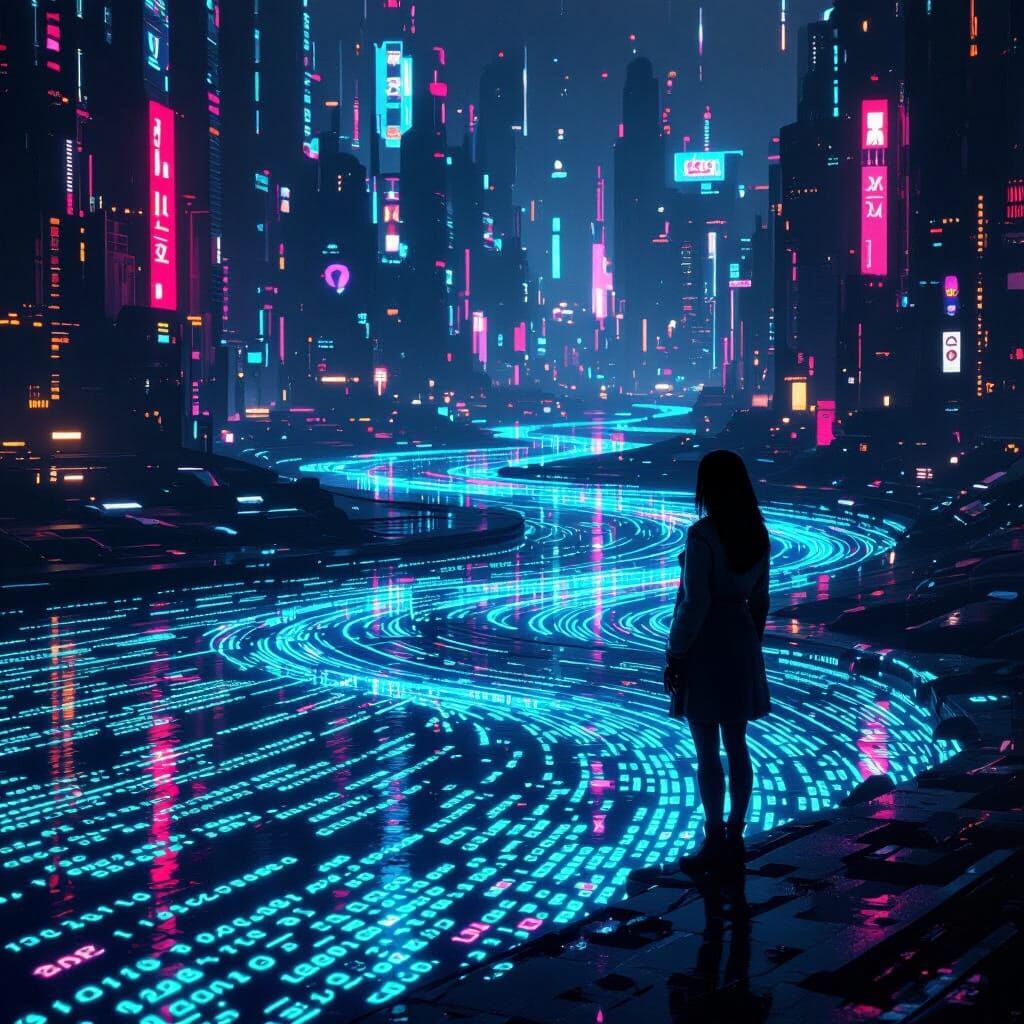 Woman by Matrix Code River in Cyberpunk Cityscape