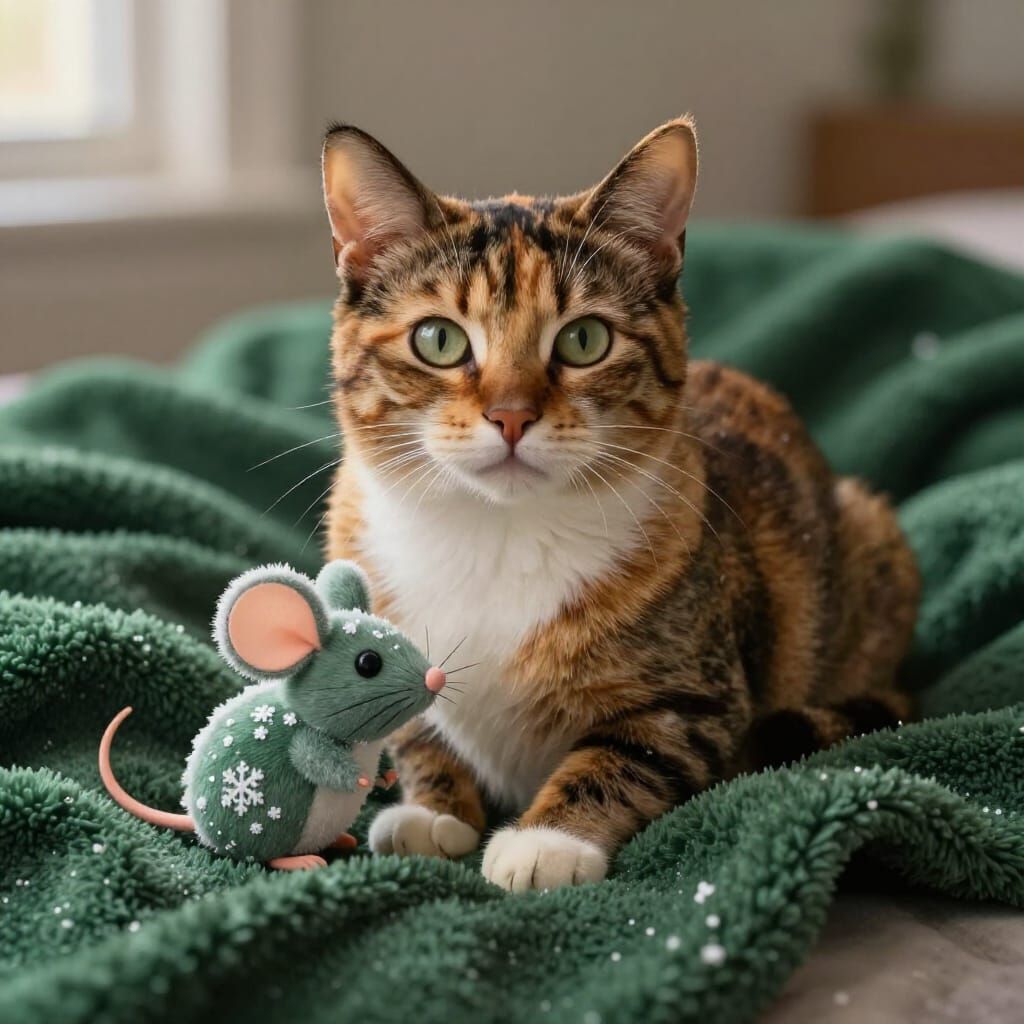 Tortoiseshell Cat Peanut on Blanket with Snow Toy