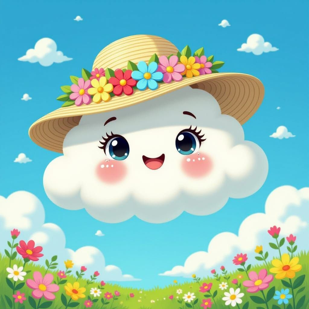 Whimsical Cloud in Summer Hat, Illustrative Art