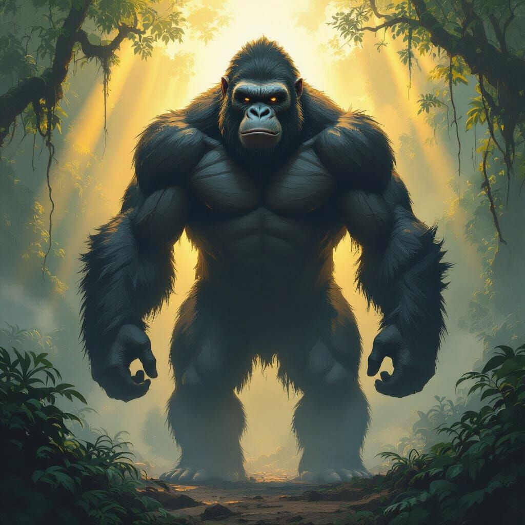 Colossal Ape in Misty Jungle Digital Painting