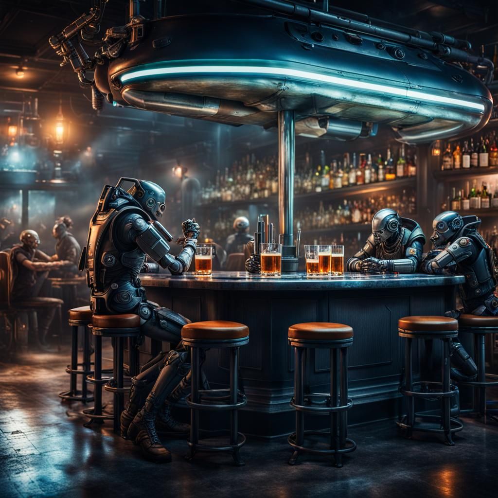Hyperrealistic Cyborgs at a Moody Bar