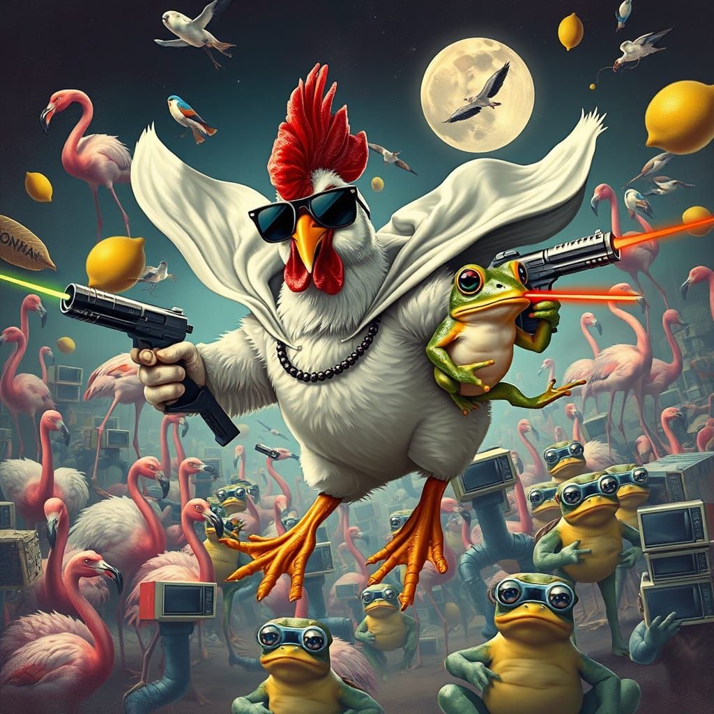 Surreal Chicken Superhero with Laser Guns, Digital Art