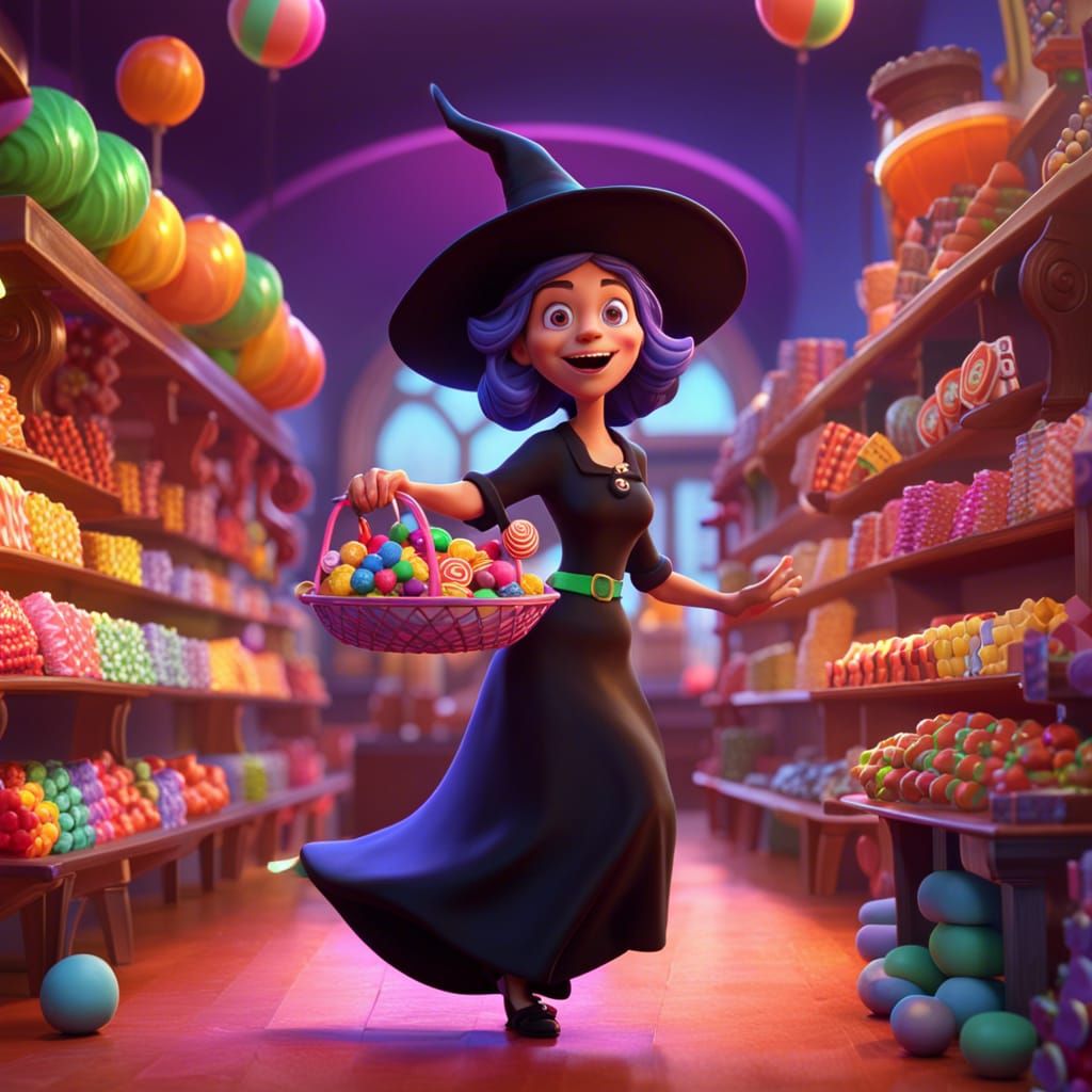 Whimsical Witch Running a Candy Shop: Pixar Style