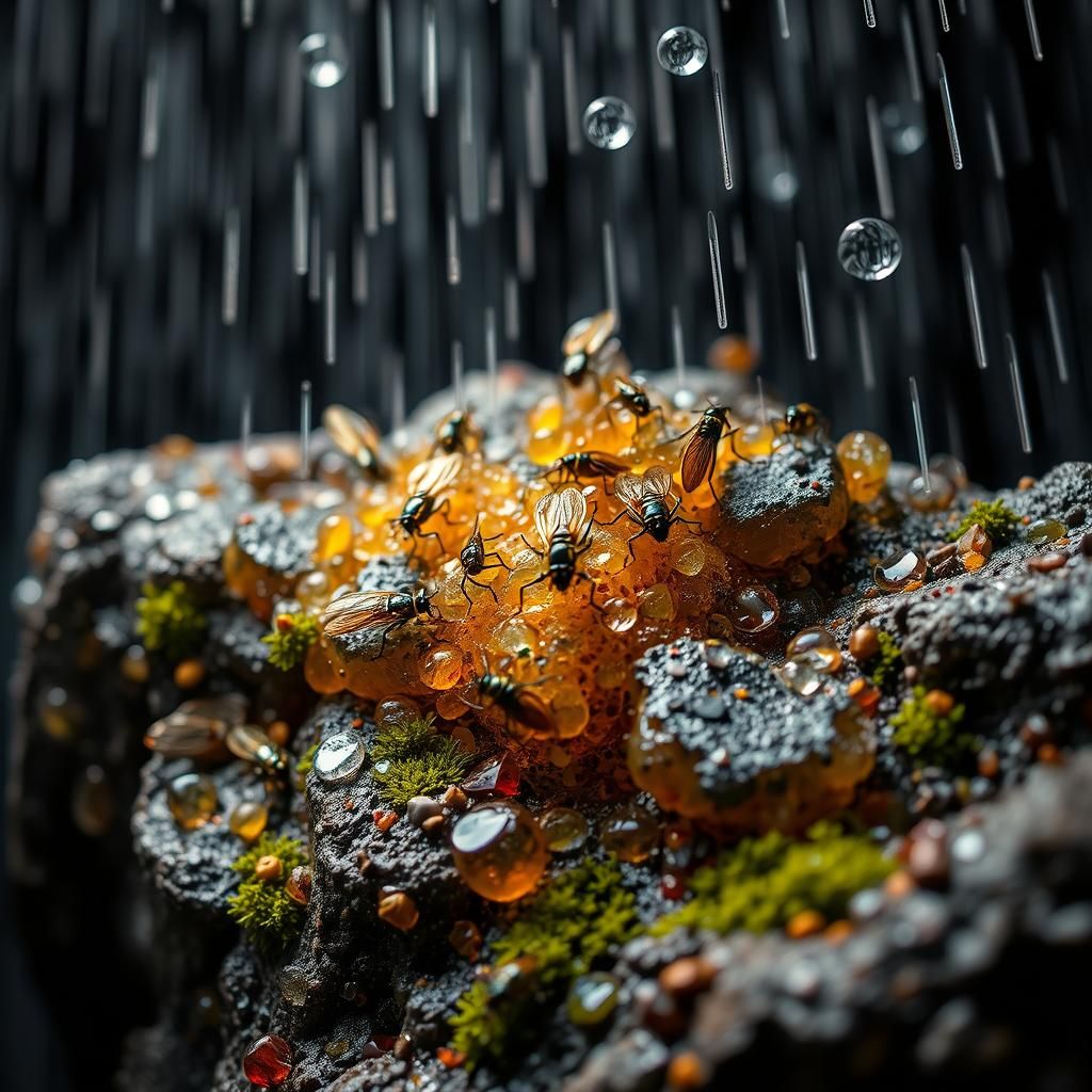 Living Rock Ecosystem with Iridescent Insects, Gouache Paint...