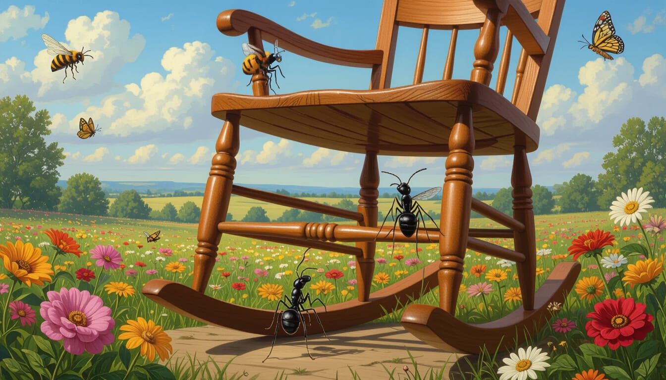 Ant's-Eye View of Rocking Chair in Impressionist Garden