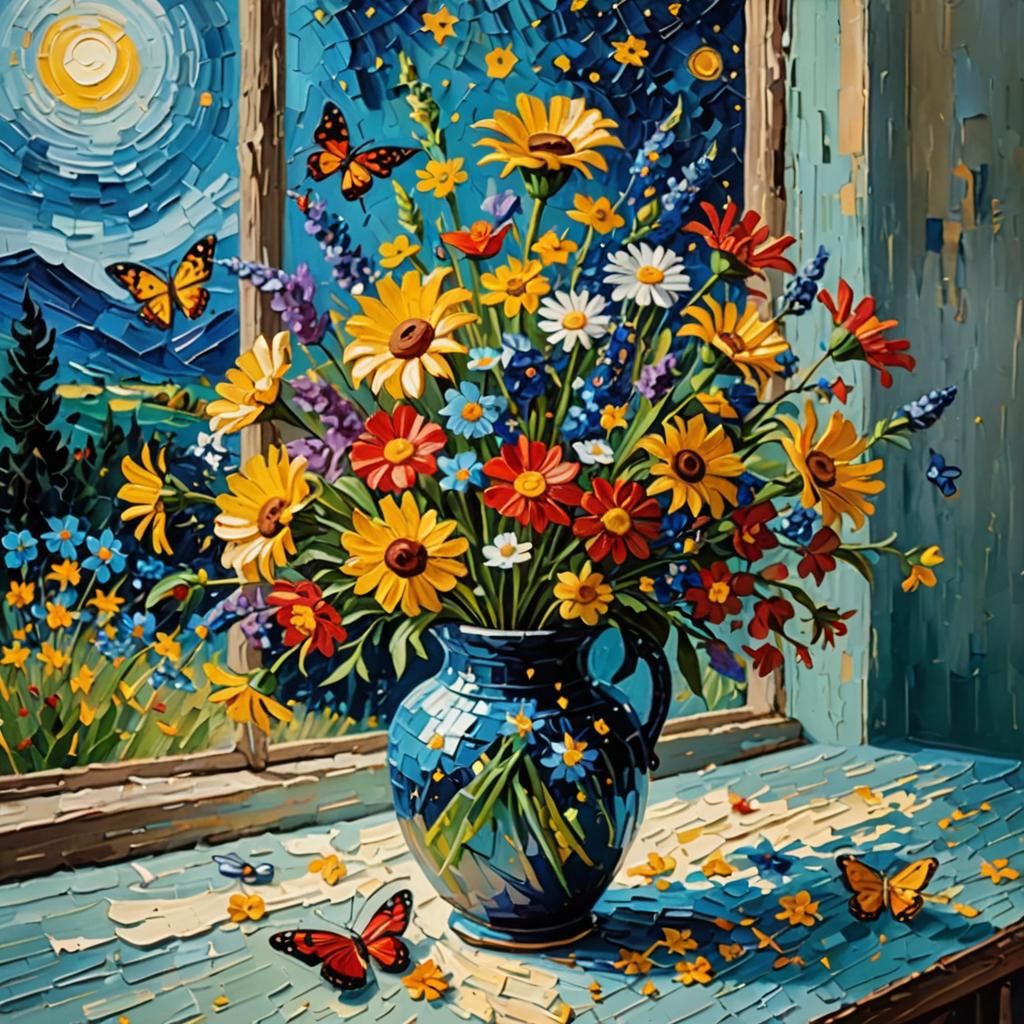 Impasto Wildflower Vase with Starry Night View