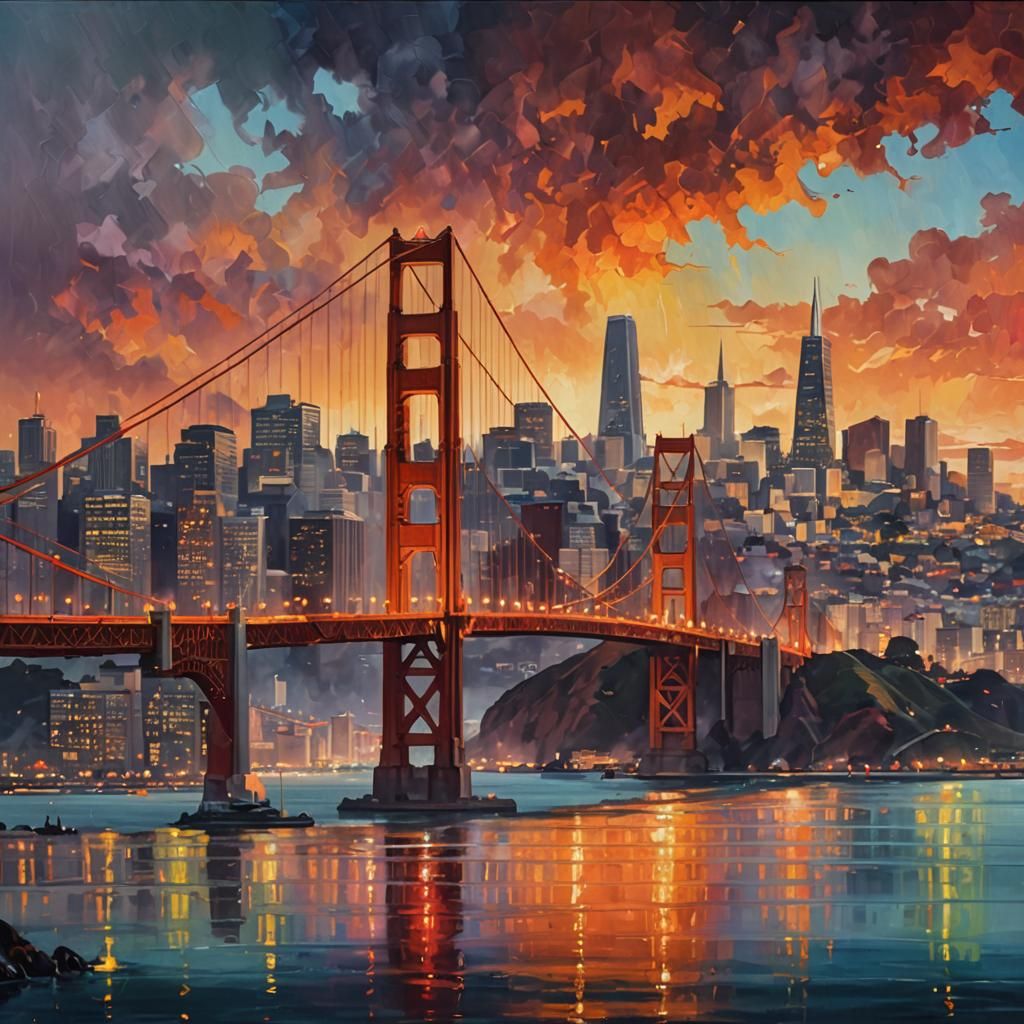 San Francisco Skyline at Golden Hour: Oil Painting