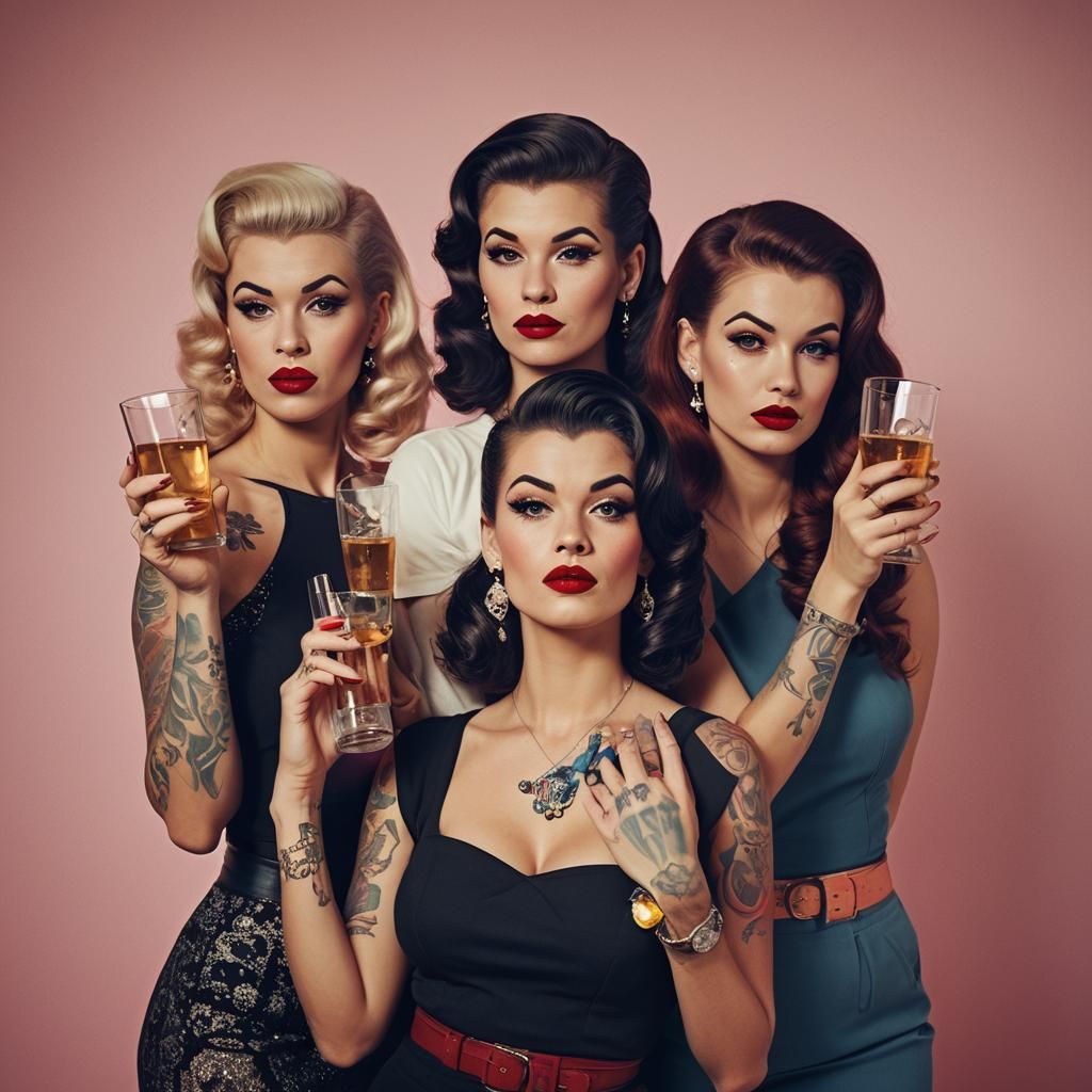 Pin-up style portrait. Medium shot. 3 women with tattoos, vo...
