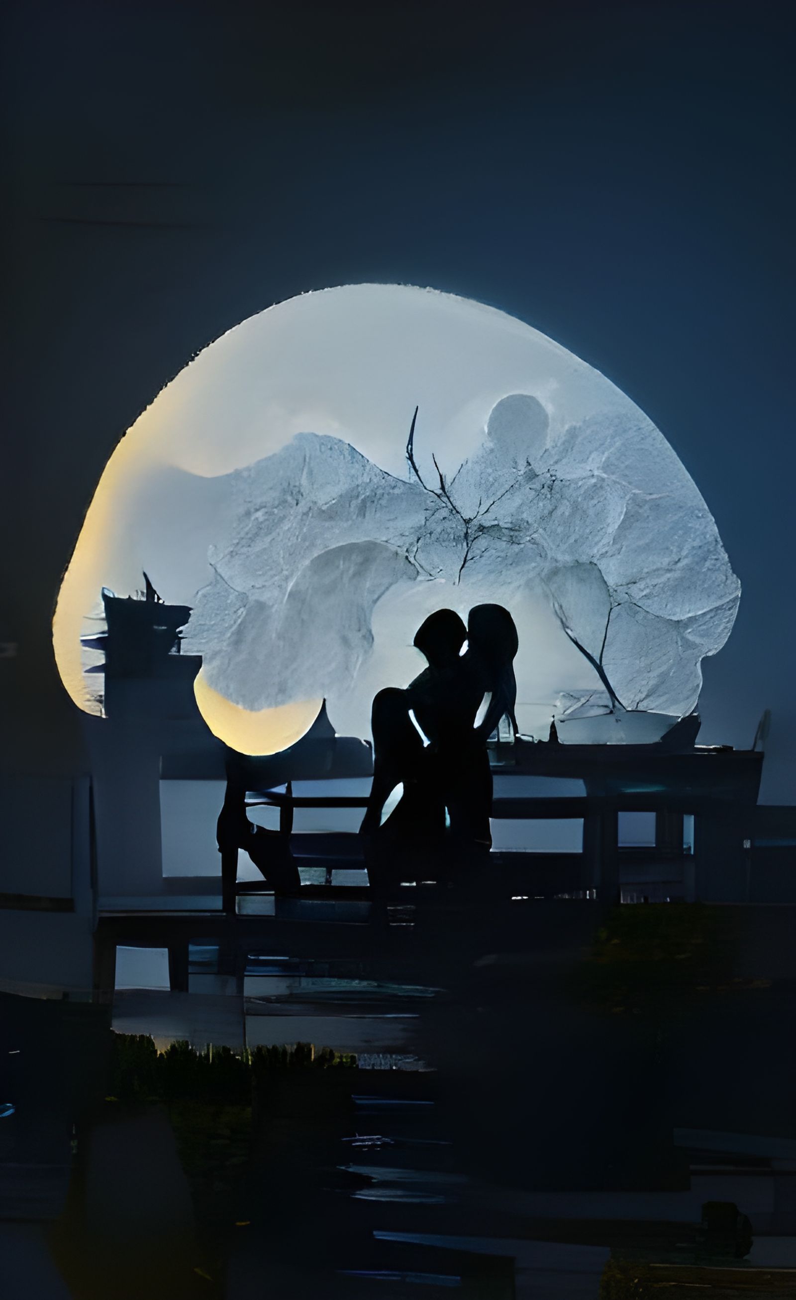 Romantic Kiss: Silhouetted Couple Under Moonlight