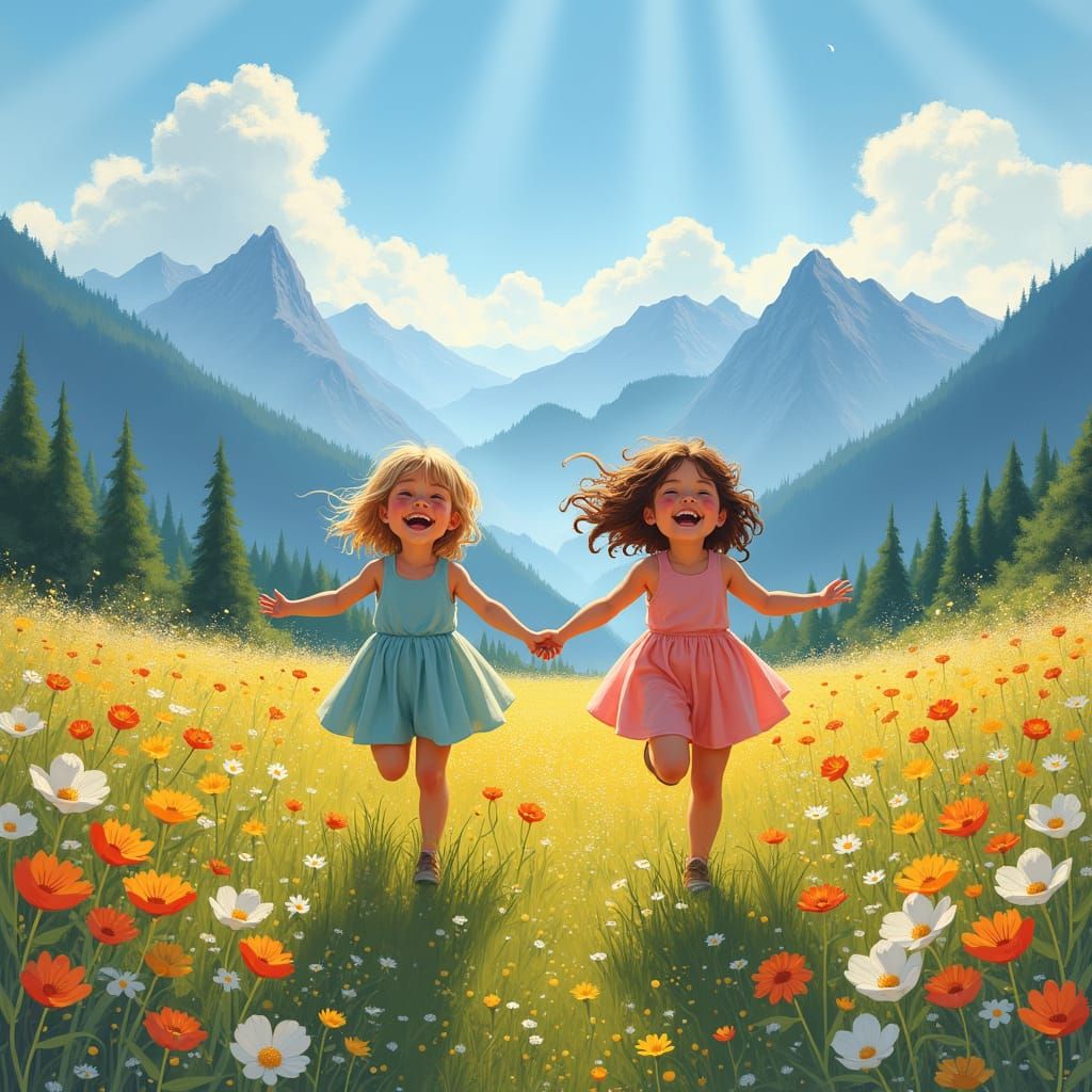 Children Running Through Meadow in Impressionist Style