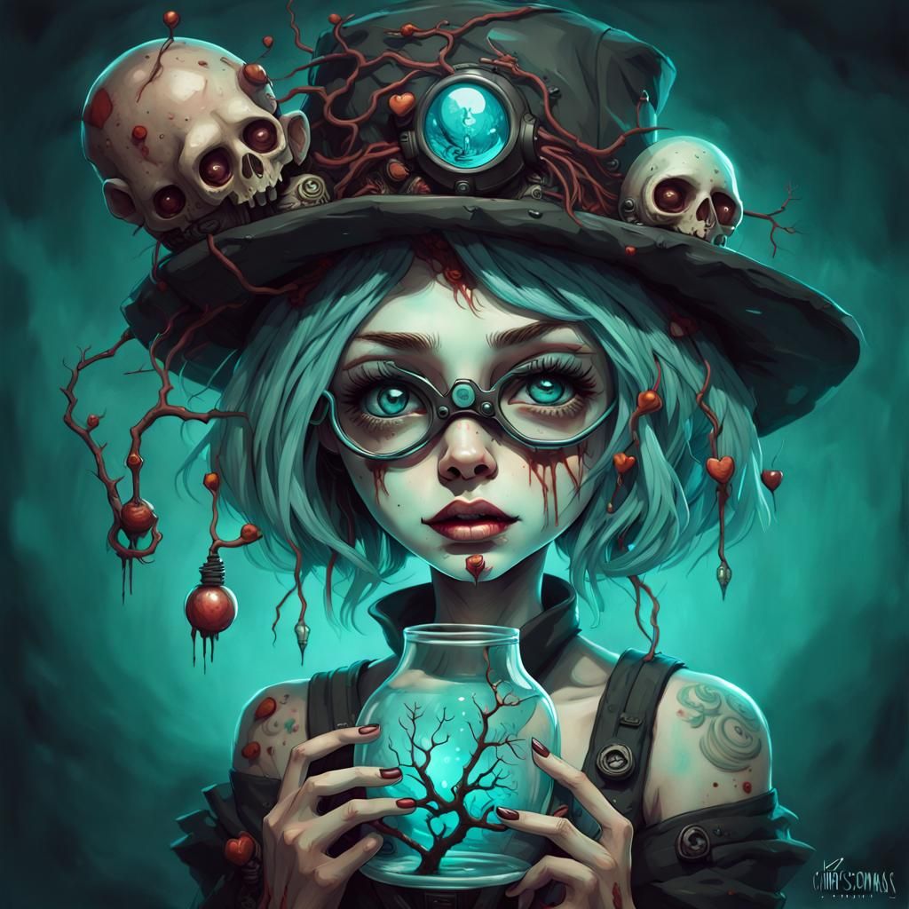 Zombie Witch Portrait with Glass Heart in Steampunk Style