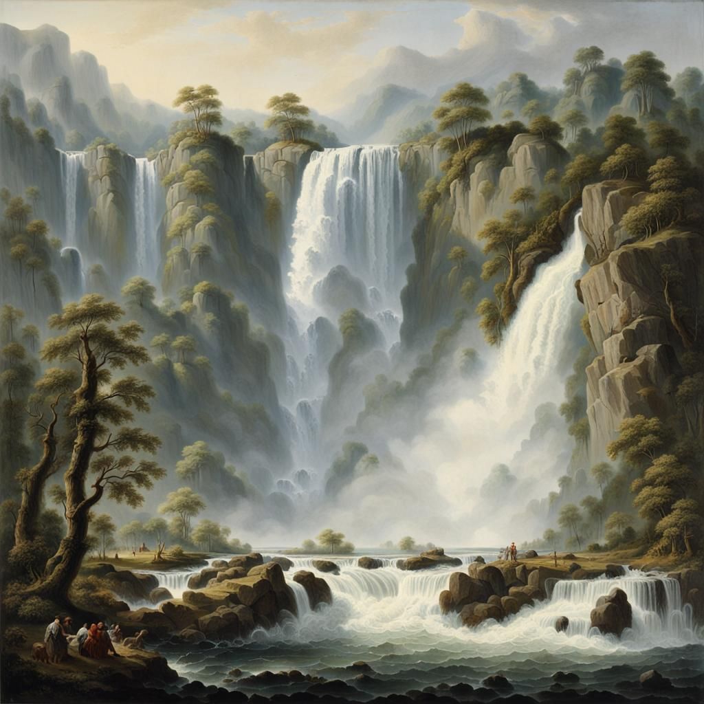 Lush Waterfall Scene with Magical Flowers