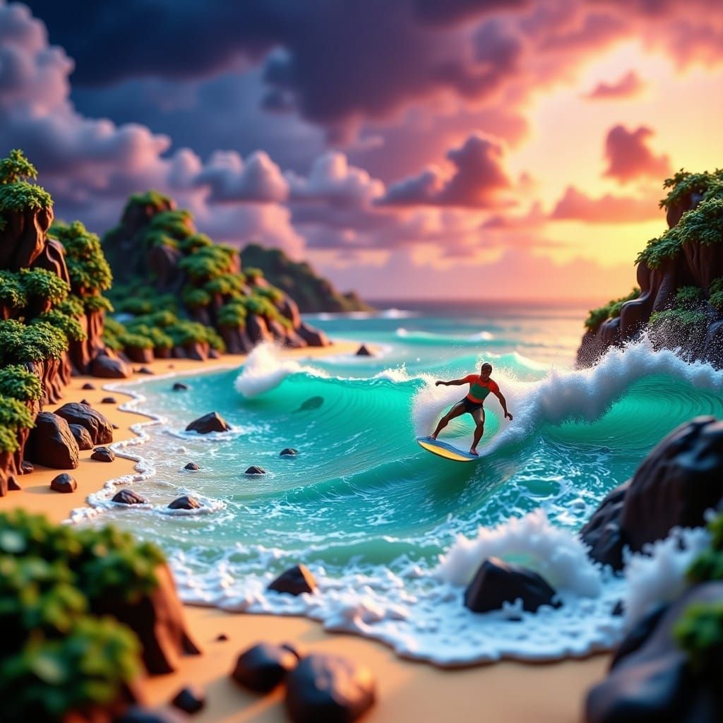 Surfers Ride Turquoise Waves in Sprawling Diorama
