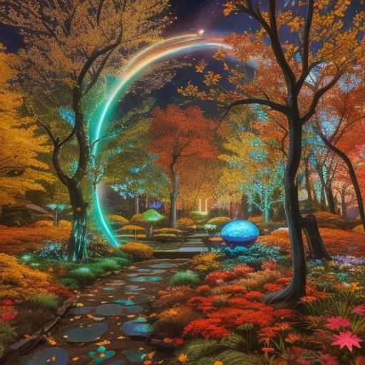 Iridescent Sci-Fi Zen Garden Under Cosmic Sky