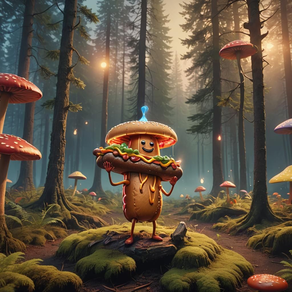 Dancing Hotdog in Whimsical Forest: Matte Painting