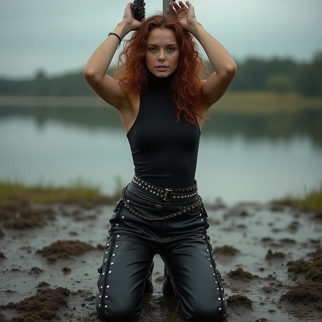 Woman in Leather Pants Kneeling in Mud
