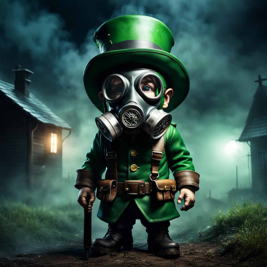 Mysterious Leprechaun in Gas Mask, Sinister Ambiance