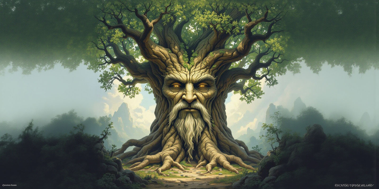 Ancient Tree Spirit with Wise Face in Fantasy Art Style
