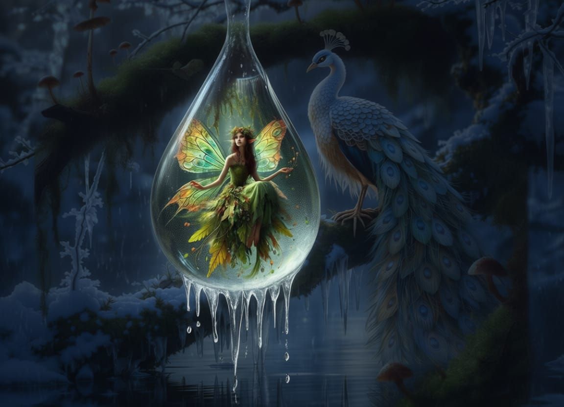 Fairy in Water Droplet Dripping From Snowy Branch