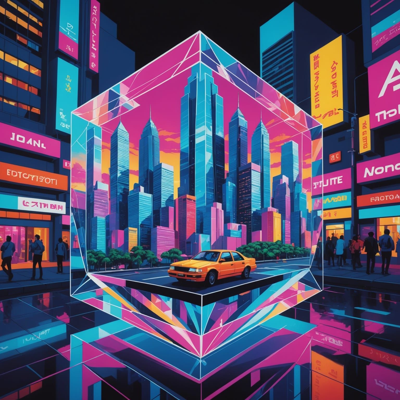 90s Vaporwave City in Photorealistic Glass Prism