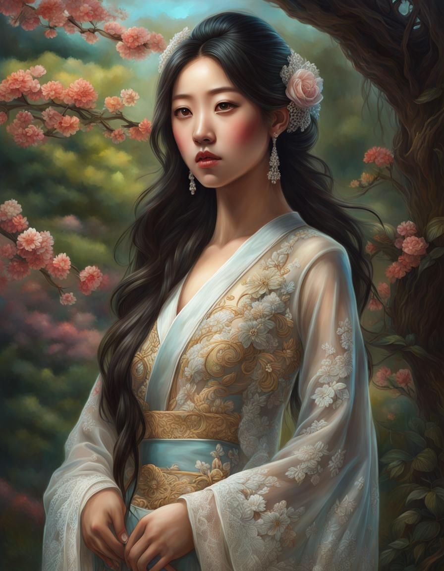 Bosomy Woman in Robe: Mixed Media Portrait