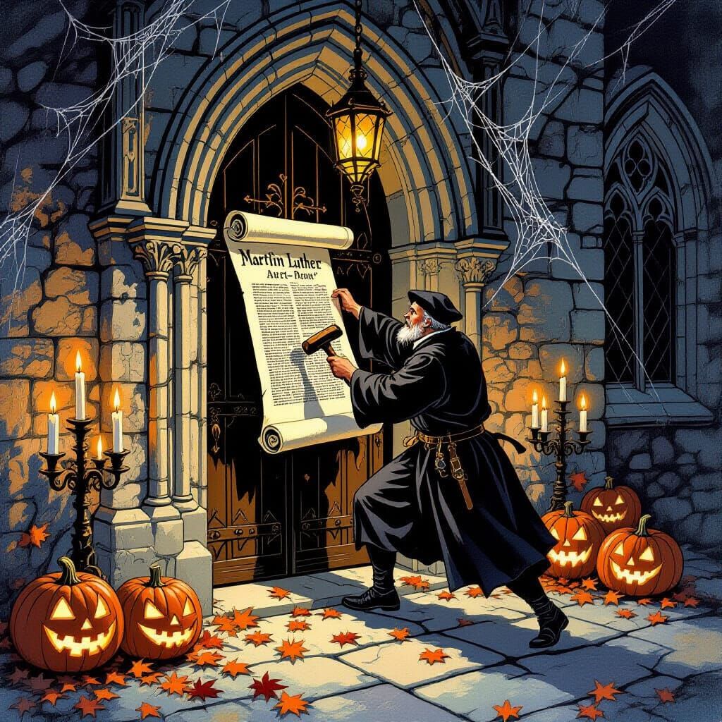 Martin Luther Hammers Scroll on Halloween in Gouache Paintin...
