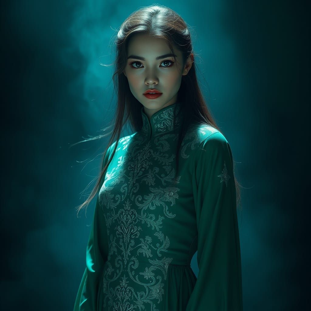 Ethereal Woman in Emerald Green Dress with Glittering Aura